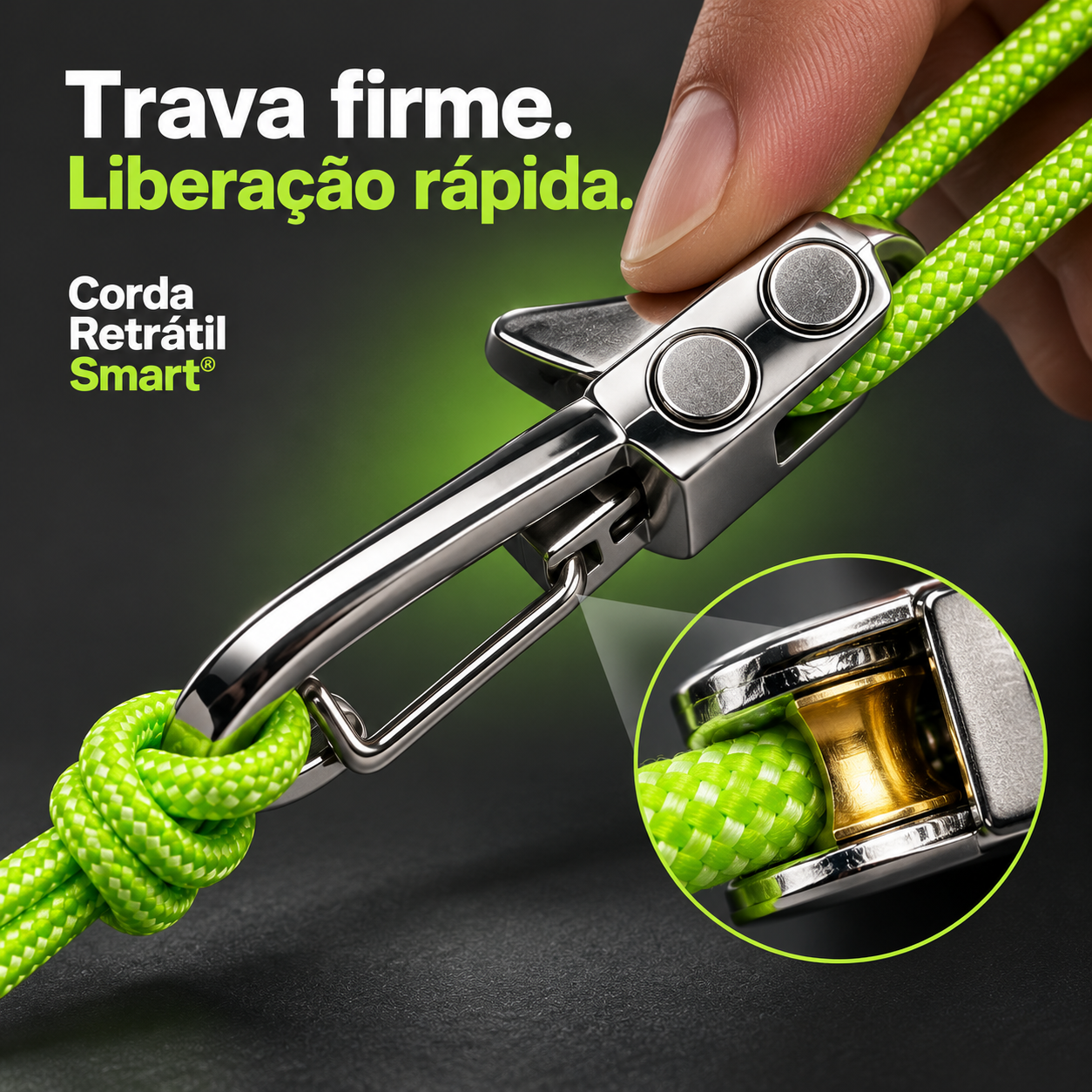 Detalhe do mecanismo de trava e liberação da Corda Retrátil Smart