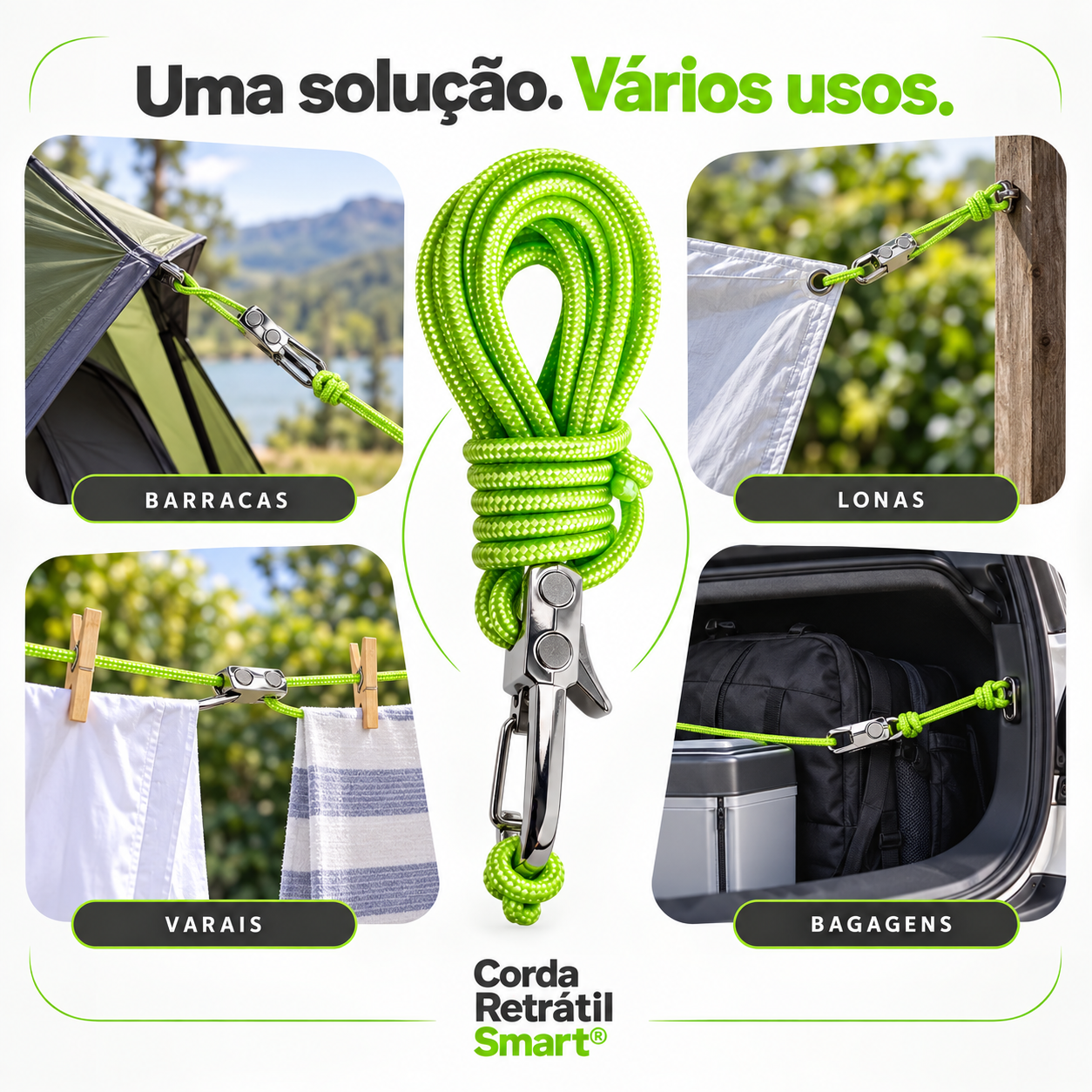Aplicações da Corda Retrátil Smart em barracas, lonas, varais e bagagens