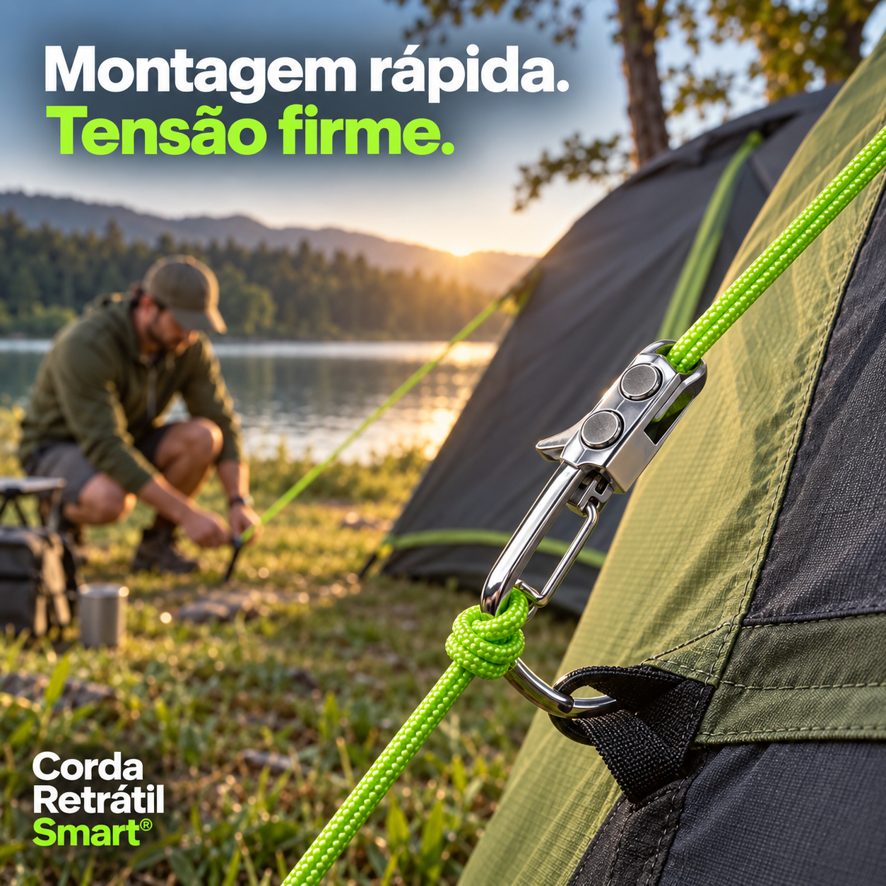 Corda Retrátil Smart ajustando uma barraca no camping